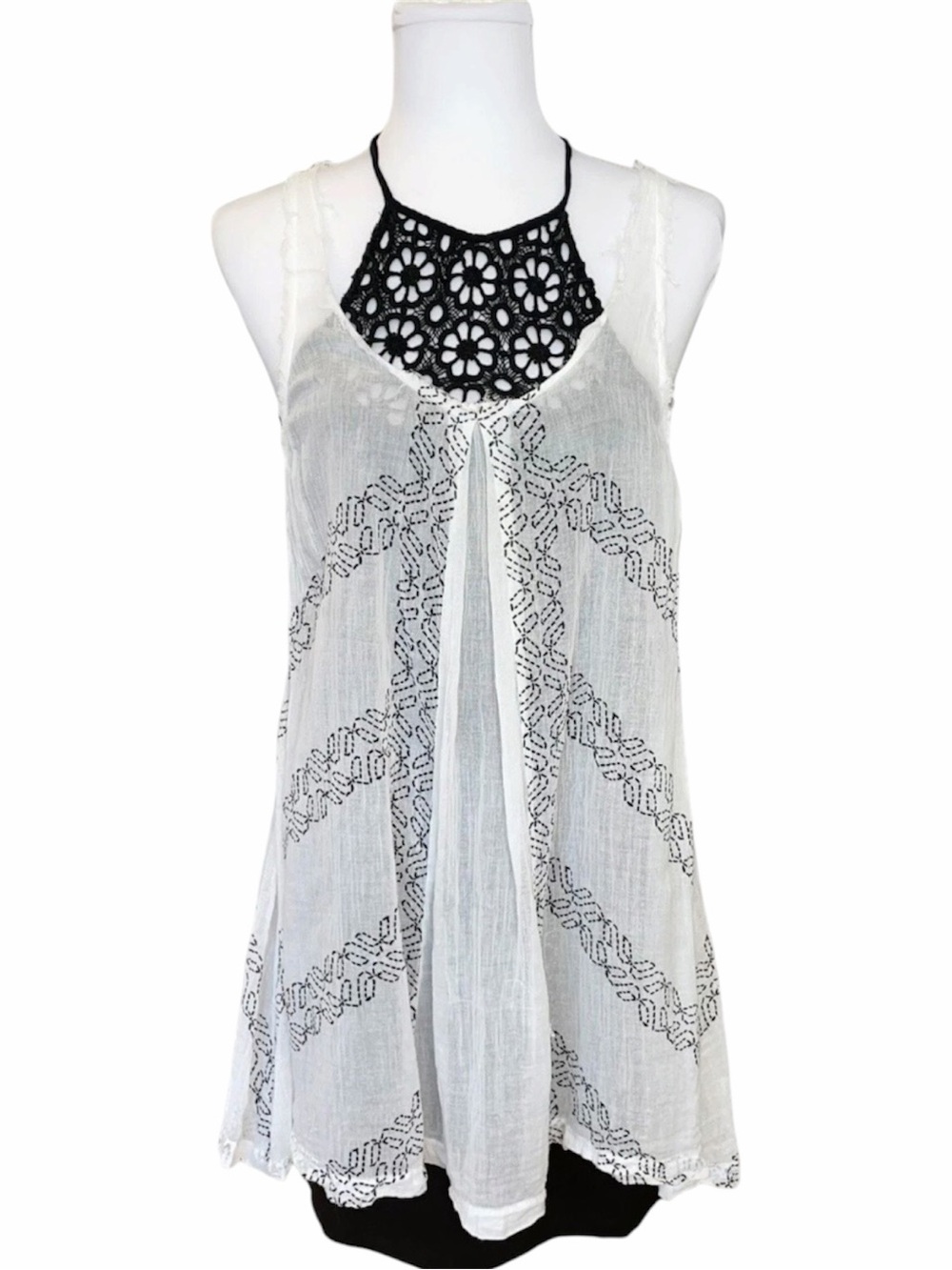 Free People Dress 2-Piece Set Black Halter Crochet White Embroidered Tunic Large